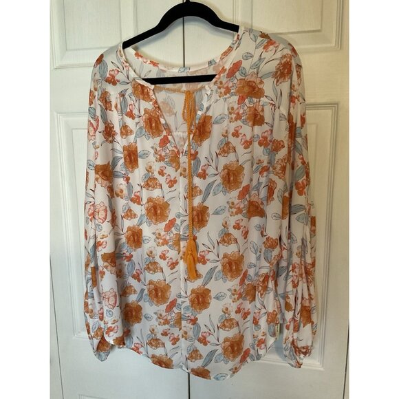 White Orange Floral Blouse Tunic Top Large Boho Peasant Romantic - Picture 1 of 3